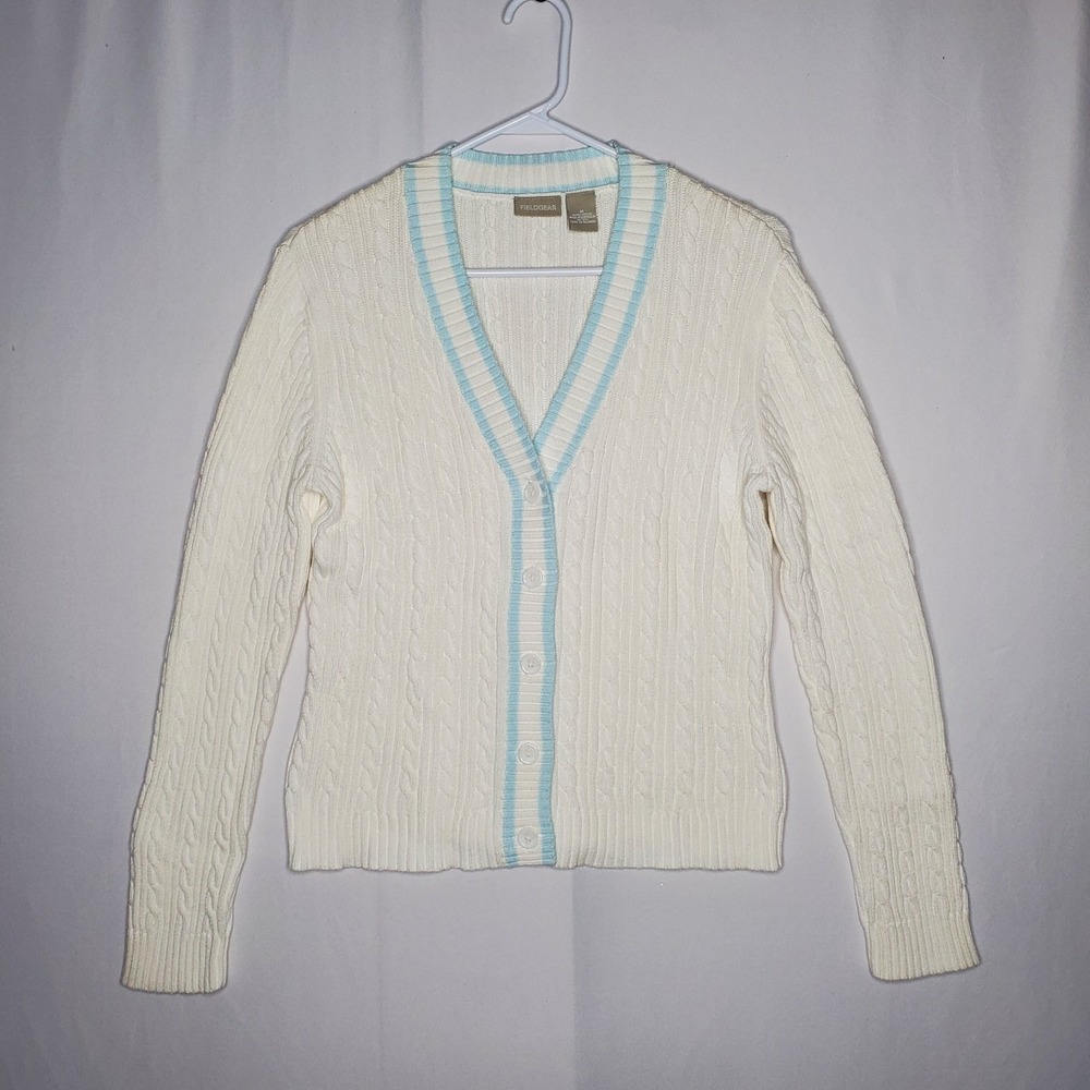 Fieldgear Cable Knit Cardigan Women Medium Vtg 90s White Blue Trim Button Preppy